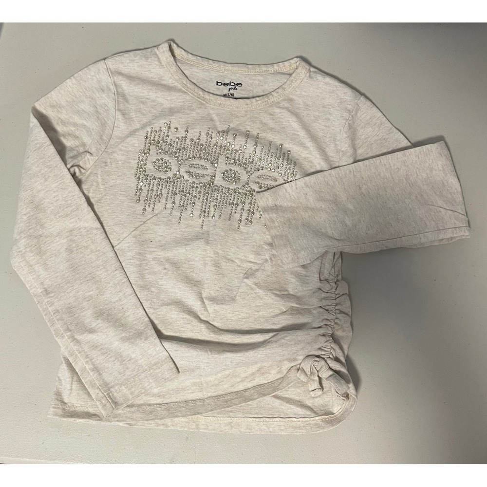 Bebe Girls Oatmeal Heather Rhinestone Logo Cinched Long Sleeve Top Size M 5/6